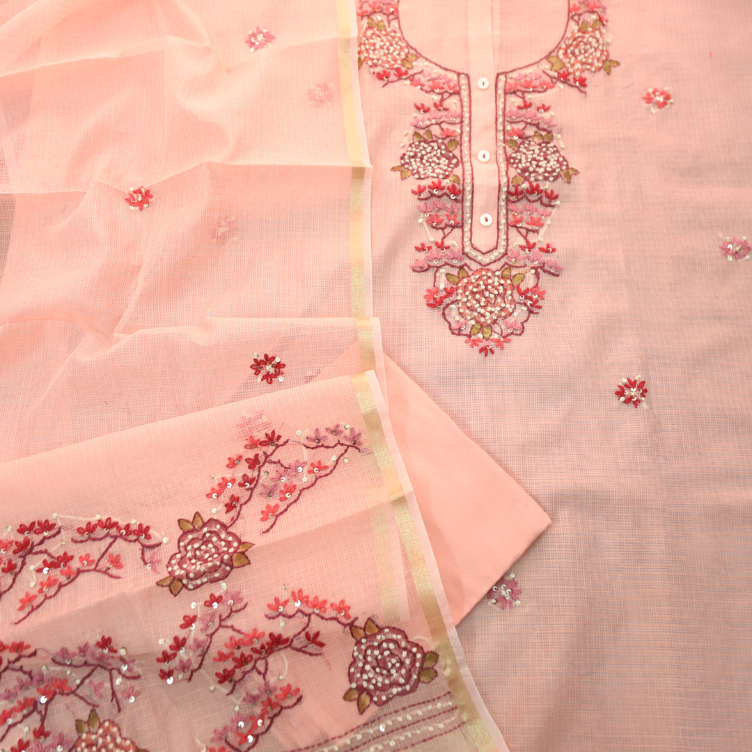 Shivani Pumpkin Peach Kolkata Hand Embriodered Kota Doriya Set
