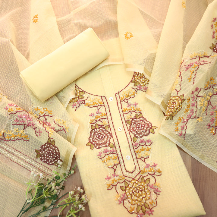 Shivani Butter Yellow Kolkata Hand Embriodered Kota Doriya Set