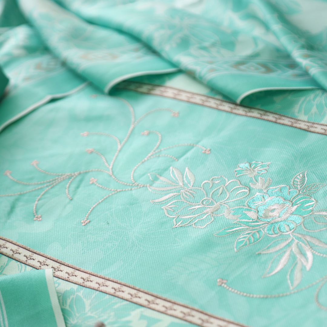 गुरप्रीत Sea Form Blue Thread Work in Panel Floral Printed Semi Pashmina Winter Set