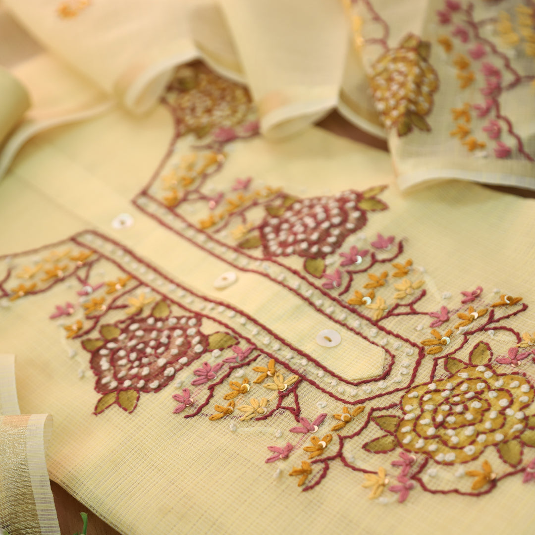 Shivani Butter Yellow Kolkata Hand Embriodered Kota Doriya Set