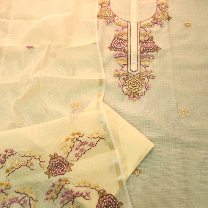 Shivani Butter Yellow Kolkata Hand Embriodered Kota Doriya Set