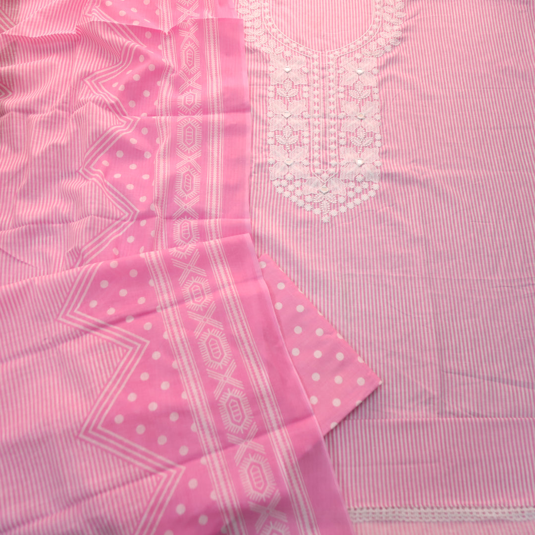 Aarshi Bubblegum Pink Embroidered Neck Stripe Printed Cotton Set