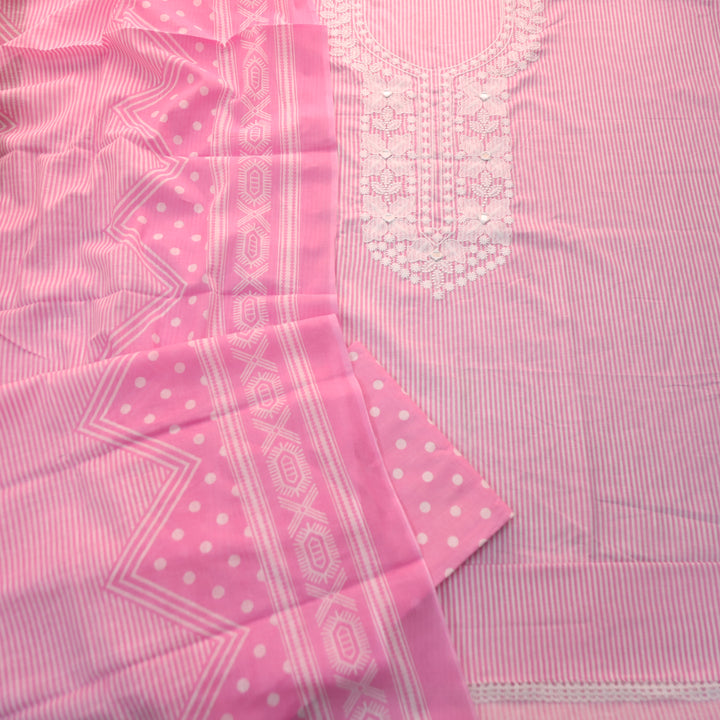 Aarshi Bubblegum Pink Embroidered Neck Stripe Printed Cotton Set
