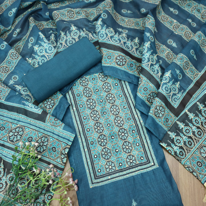 Sajna Sapphire Blue All Over Kantha Embroidery Neck and Hem Work Chanderi Set