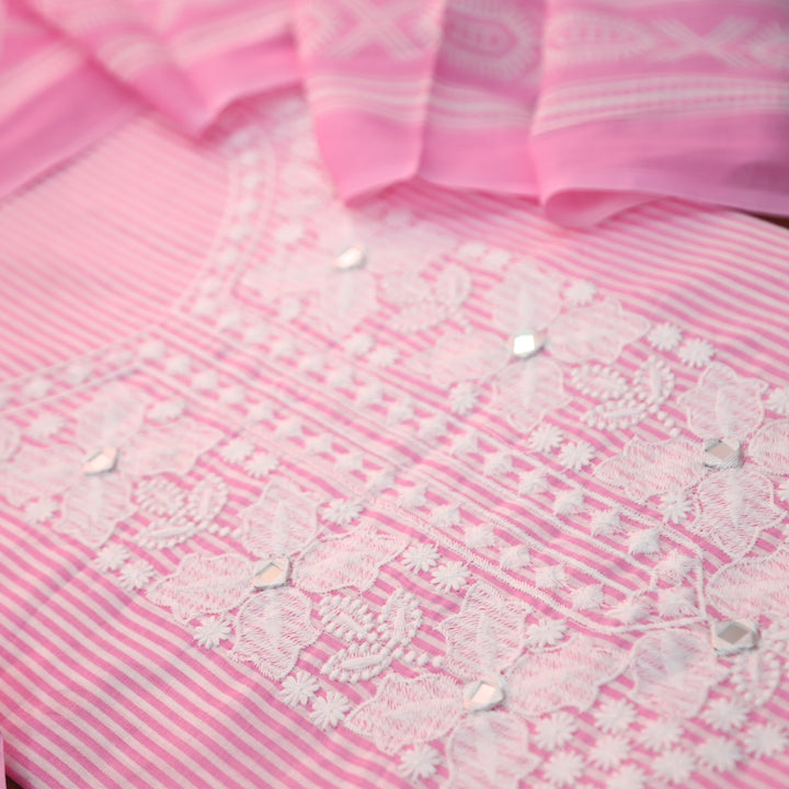 Aarshi Bubblegum Pink Embroidered Neck Stripe Printed Cotton Set
