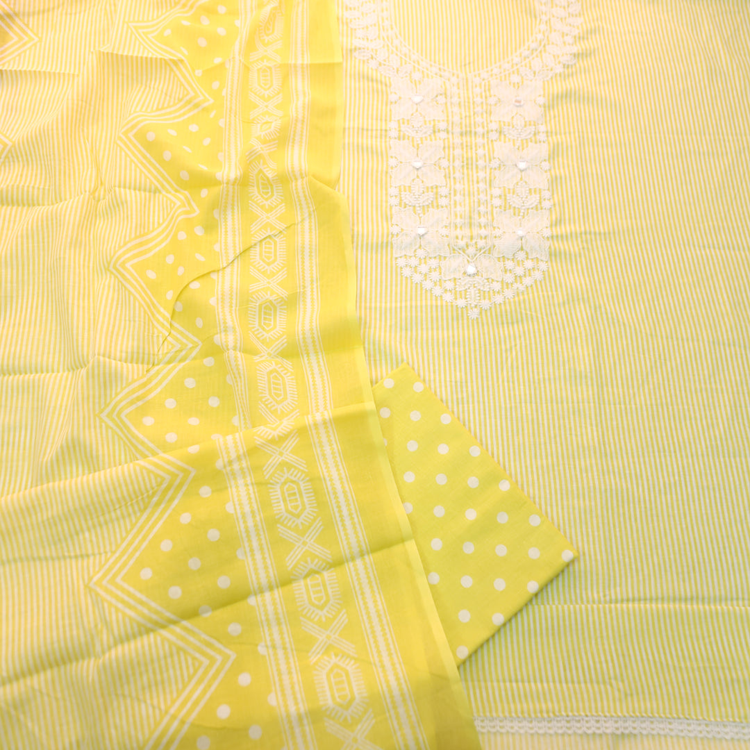 Aarshi Butter Yellow Embroidered Neck Stripe Printed Cotton Set