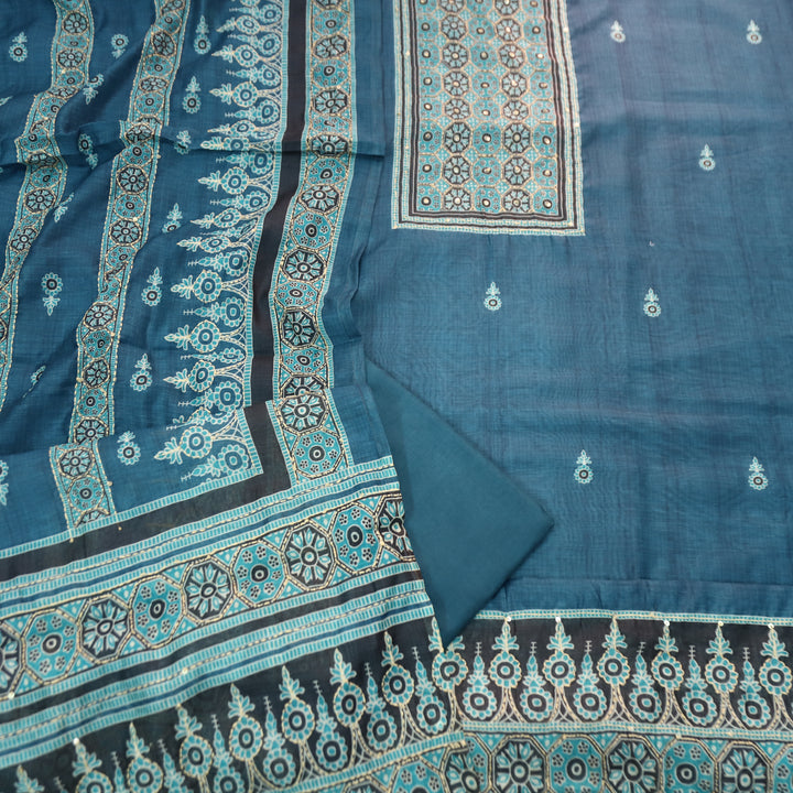Sajna Sapphire Blue All Over Kantha Embroidery Neck and Hem Work Chanderi Set
