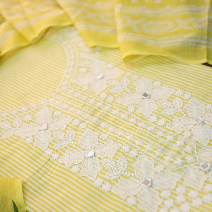 Aarshi Butter Yellow Embroidered Neck Stripe Printed Cotton Set