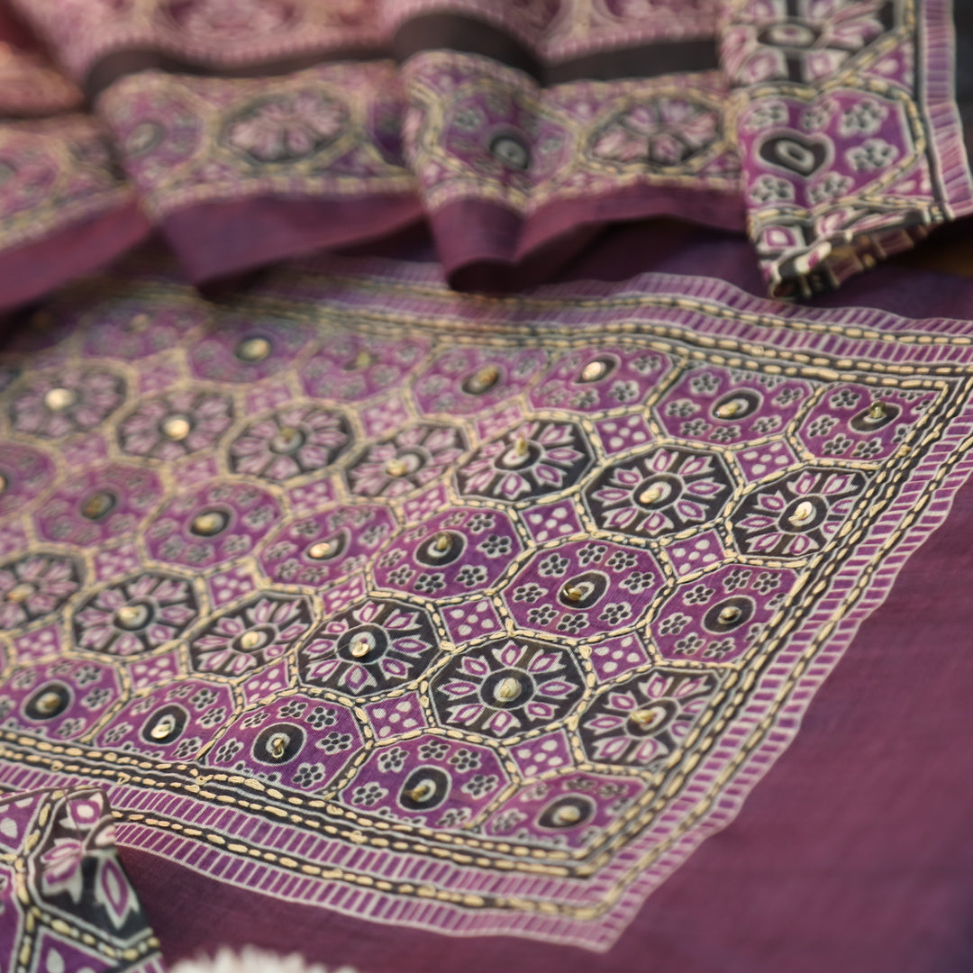 Sajna Mulberry Puple All Over Kantha Embroidery Neck and Hem Work Chanderi Set