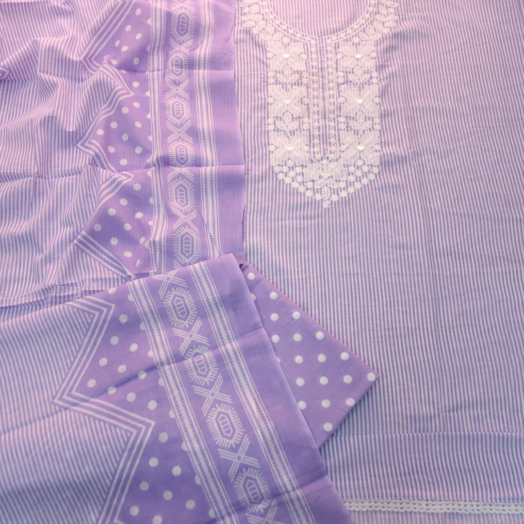 Aarshi Tulip Lilac Embroidered Neck Stripe Printed Cotton Set