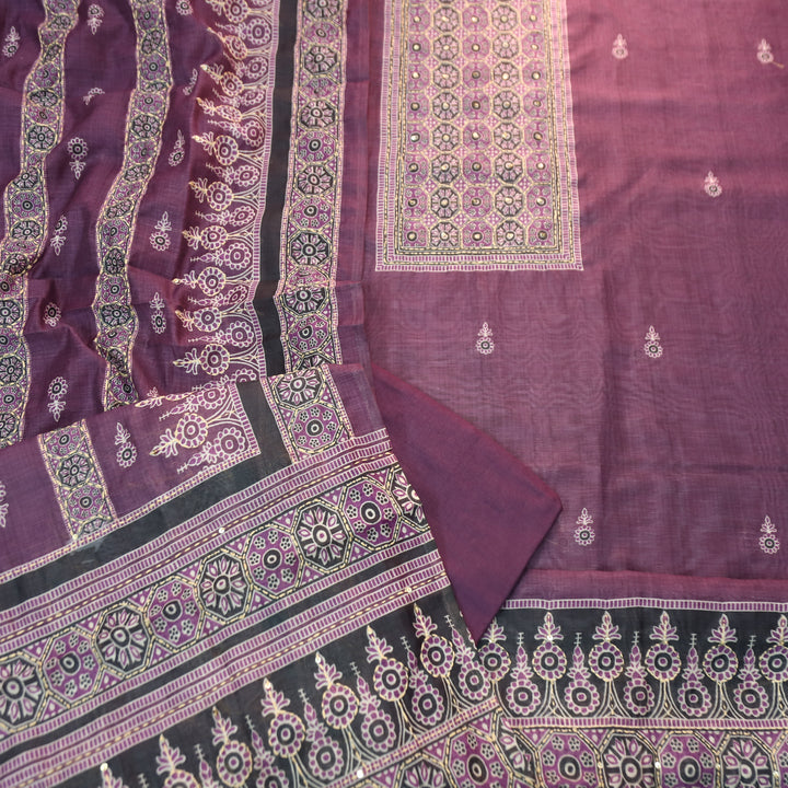 Sajna Mulberry Puple All Over Kantha Embroidery Neck and Hem Work Chanderi Set