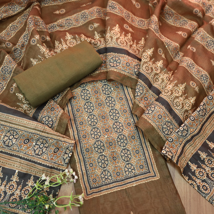 Sajna Olive Green All Over Kantha Embroidery Neck and Hem Work Chanderi Set