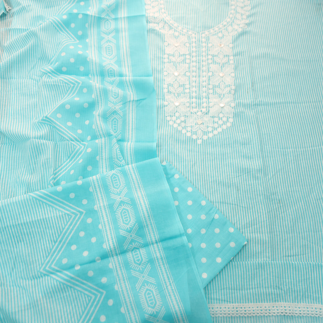 Aarshi Ocean Aqua Embroidered Neck Stripe Printed Cotton Set