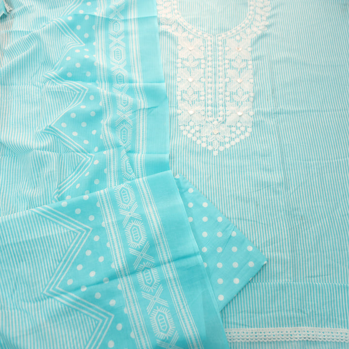 Aarshi Ocean Aqua Embroidered Neck Stripe Printed Cotton Set