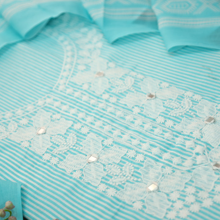 Aarshi Ocean Aqua Embroidered Neck Stripe Printed Cotton Set