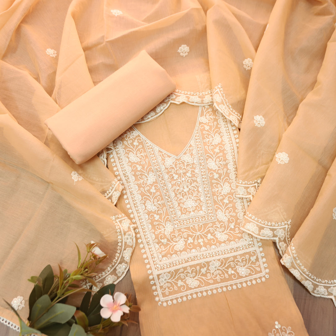 Rushali Light Peach Embroidered Neck and Hem Mul Cotton Set