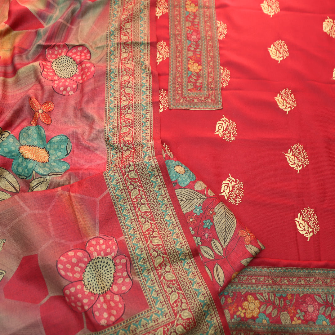द्रौपदी Cranberry Red Floral Print in Floral Embroidery Work Semi Pashmina Winter Set