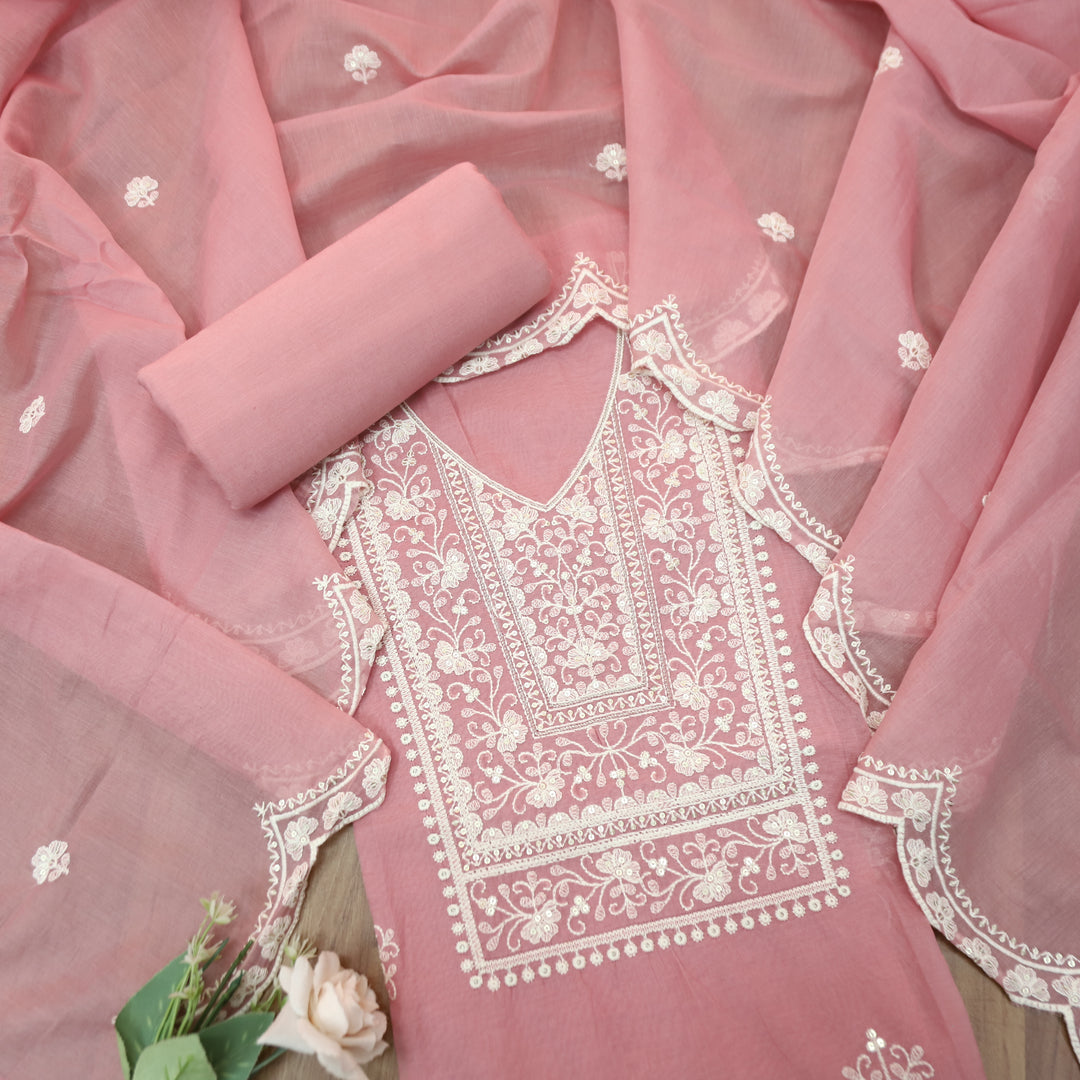Rushali Blush Pink Embroidered Neck and Hem Mul Cotton Set