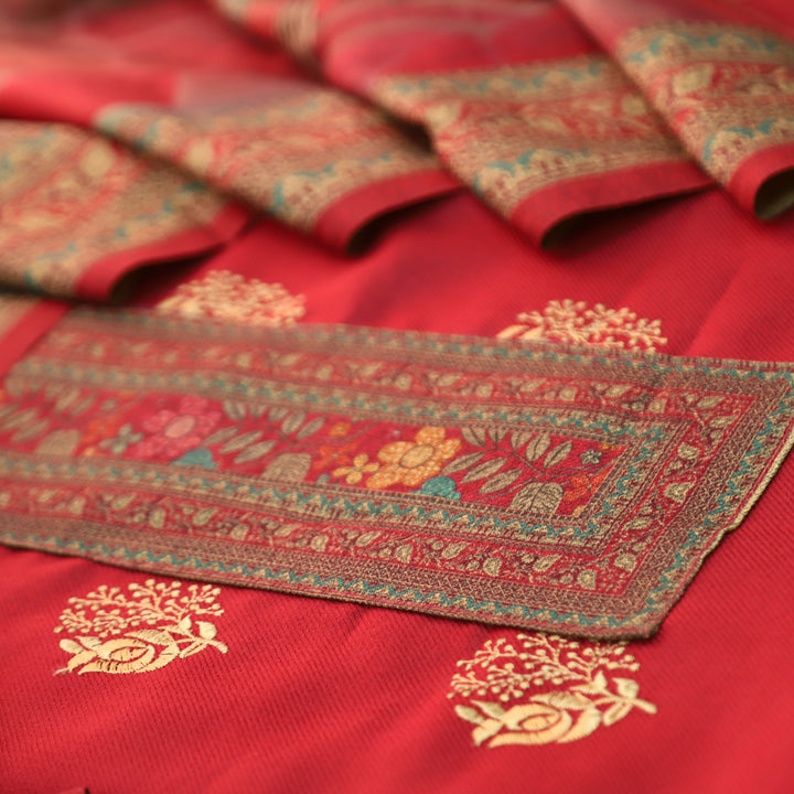 द्रौपदी Cranberry Red Floral Print in Floral Embroidery Work Semi Pashmina Winter Set