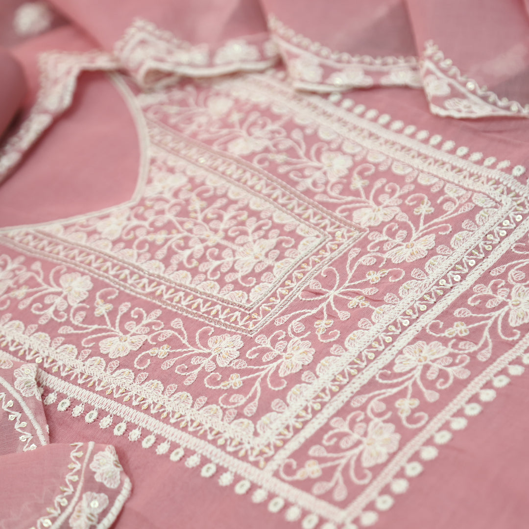 Rushali Blush Pink Embroidered Neck and Hem Mul Cotton Set