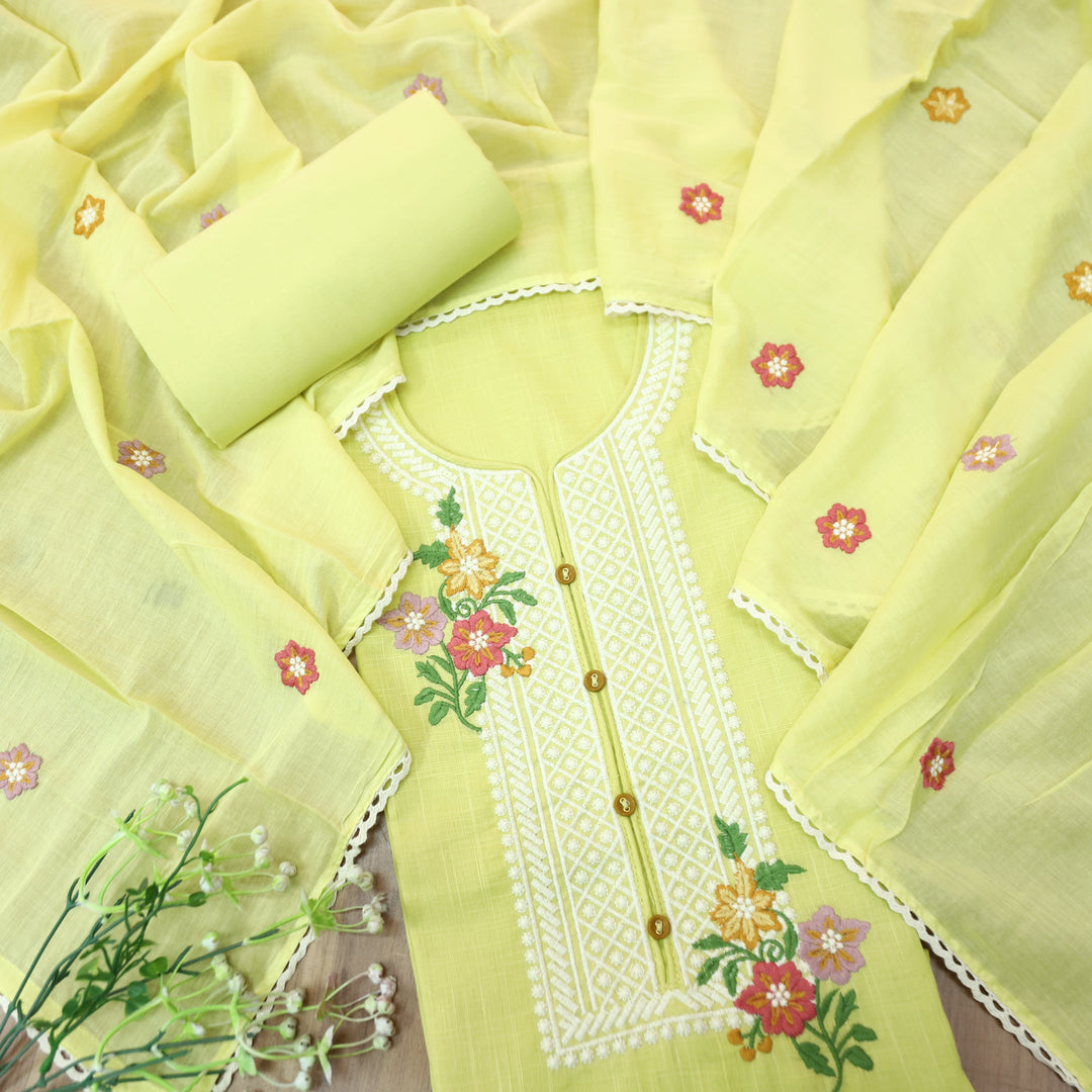 Rangoli Butter Yellow Embroidered Neckline with Button Work Cotton Linen Set