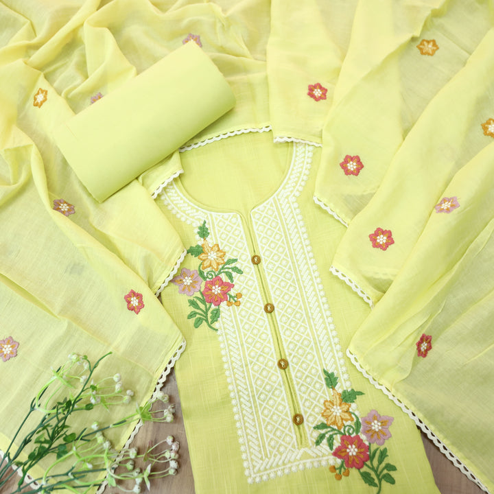Rangoli Butter Yellow Embroidered Neckline with Button Work Cotton Linen Set
