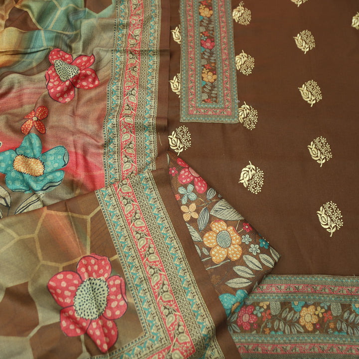 द्रौपदी Coffee Brown Floral Print in Floral Embroidery Work Semi Pashmina Winter Set