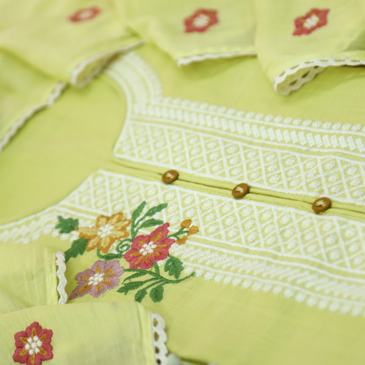 Rangoli Butter Yellow Embroidered Neckline with Button Work Cotton Linen Set