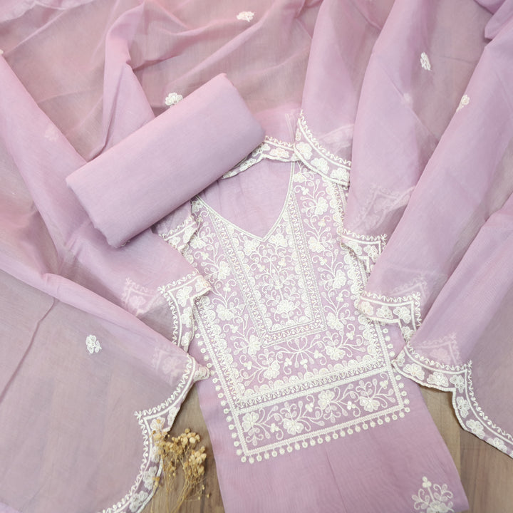 Rushali Pastel Lilac Embroidered Neck and Hem Mul Cotton Set