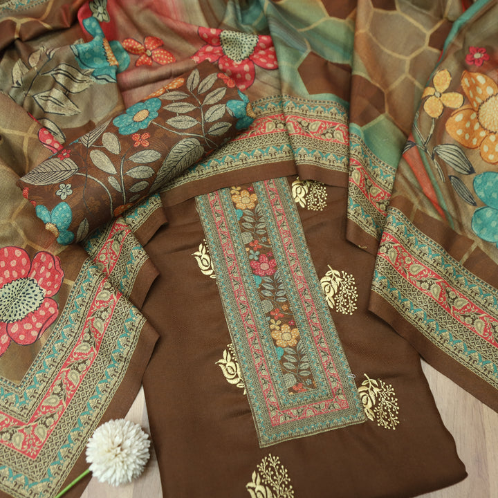 द्रौपदी Coffee Brown Floral Print in Floral Embroidery Work Semi Pashmina Winter Set