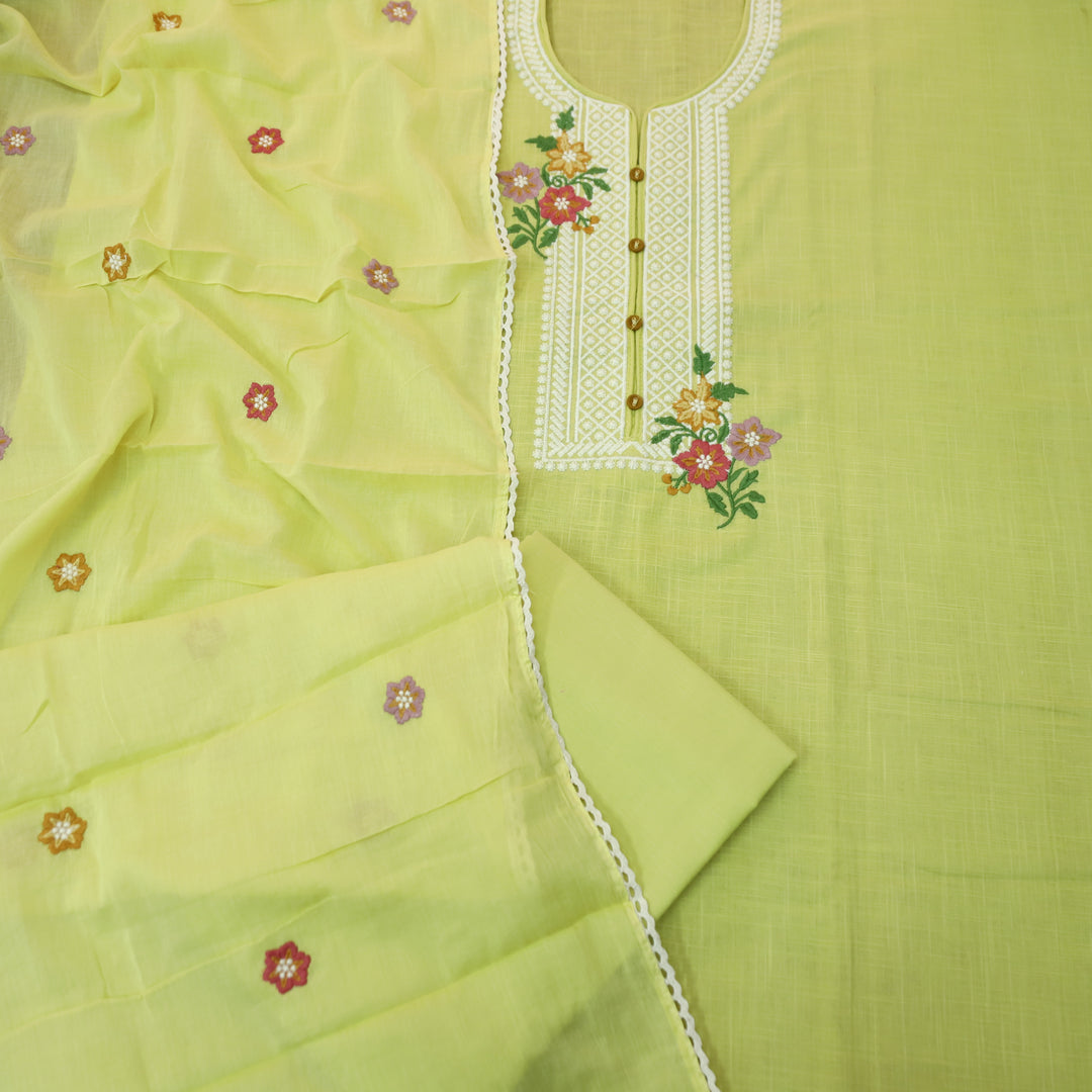 Rangoli Butter Yellow Embroidered Neckline with Button Work Cotton Linen Set