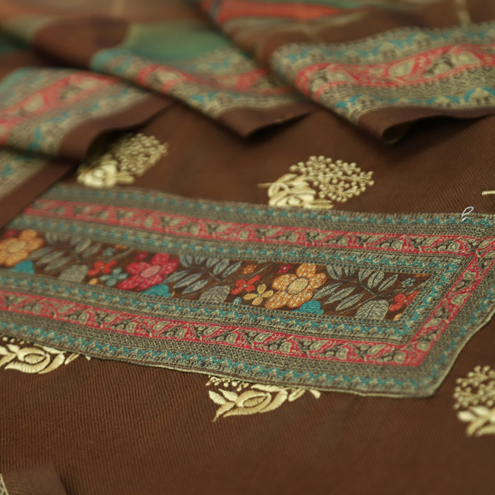 द्रौपदी Coffee Brown Floral Print in Floral Embroidery Work Semi Pashmina Winter Set