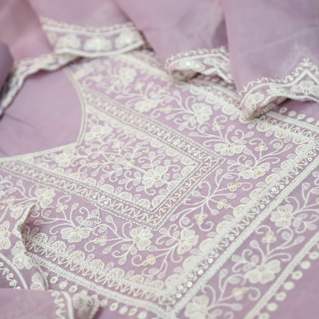 Rushali Pastel Lilac Embroidered Neck and Hem Mul Cotton Set