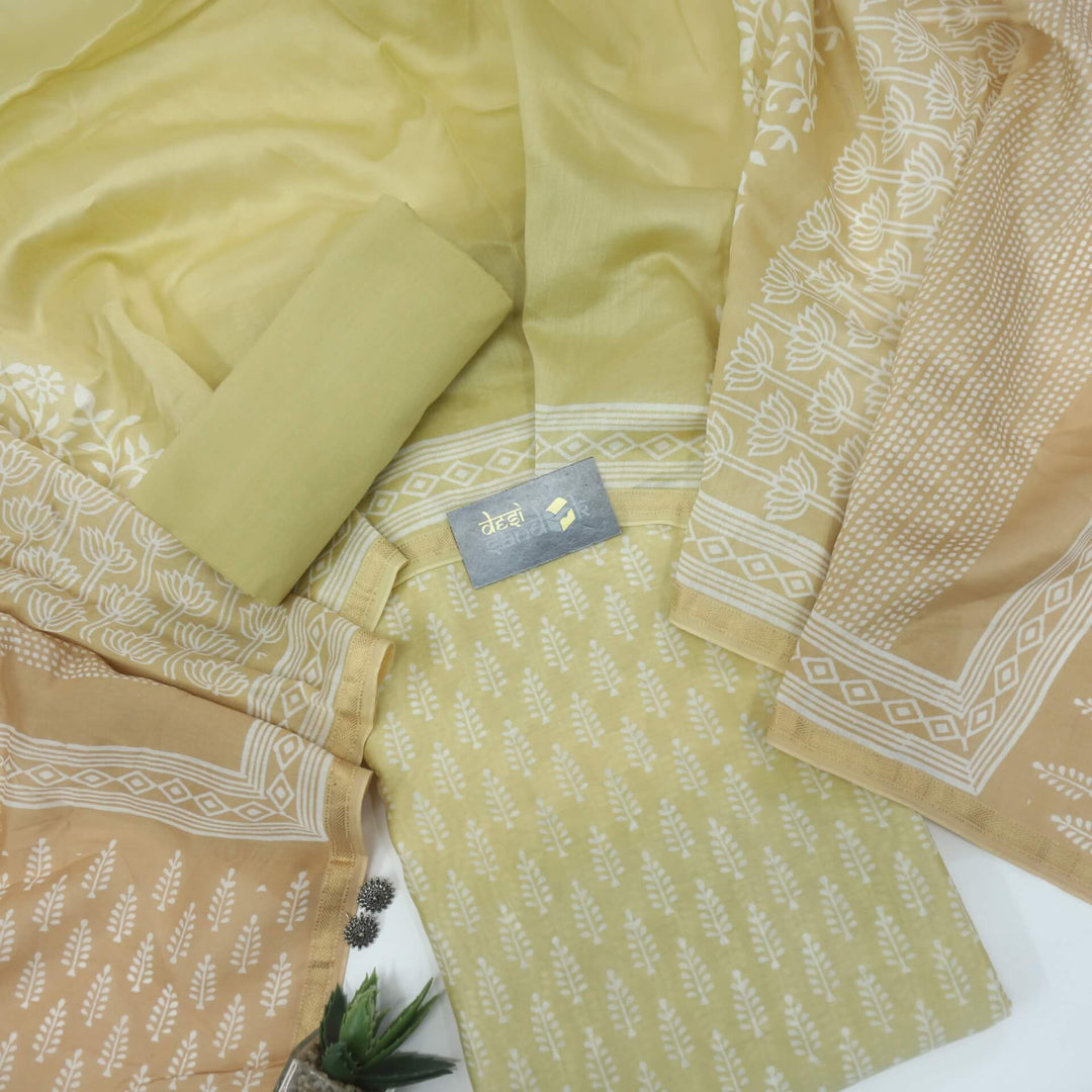 Buttermilk Yellow printed maheshwari top with Light Peach with Yellow  Printed dupatta set