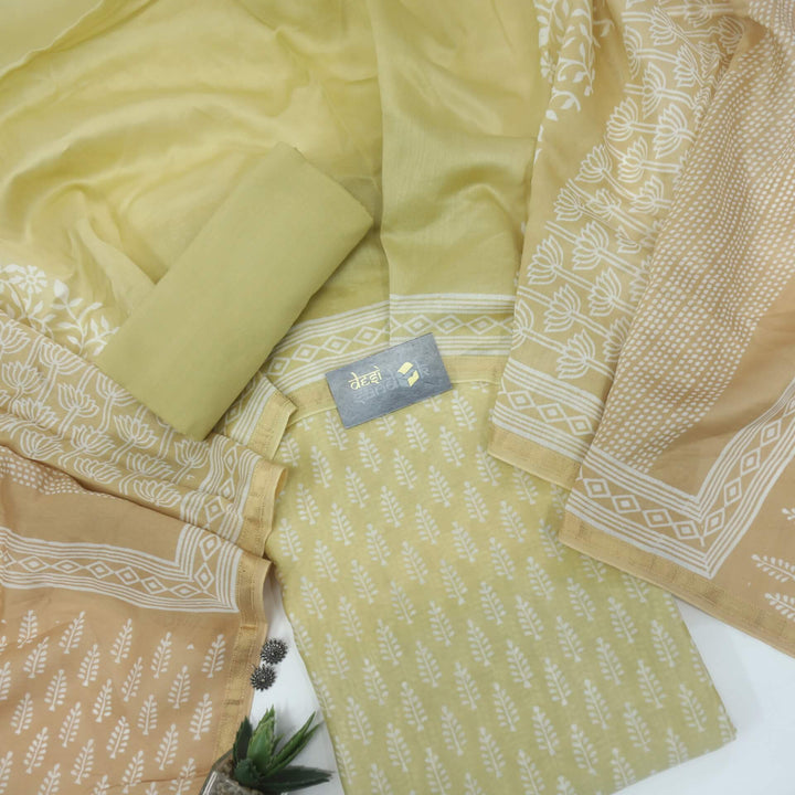 Buttermilk Yellow printed maheshwari top with Light Peach with Yellow  Printed dupatta set