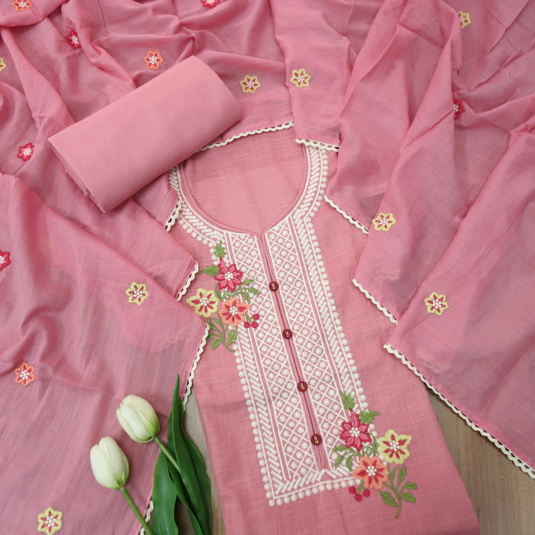 Rangoli Soft Pink Embroidered Neckline with Button Work Cotton Linen Set