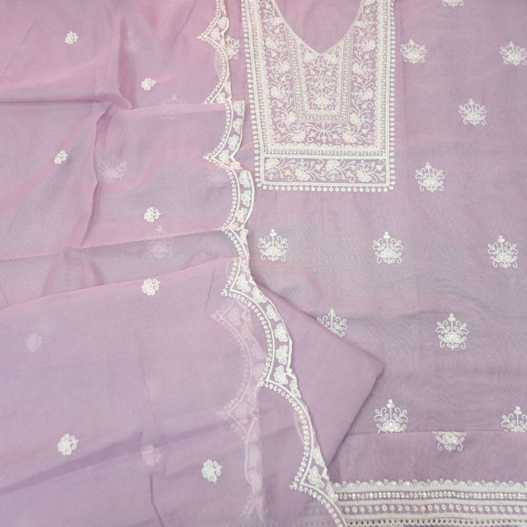 Rushali Pastel Lilac Embroidered Neck and Hem Mul Cotton Set