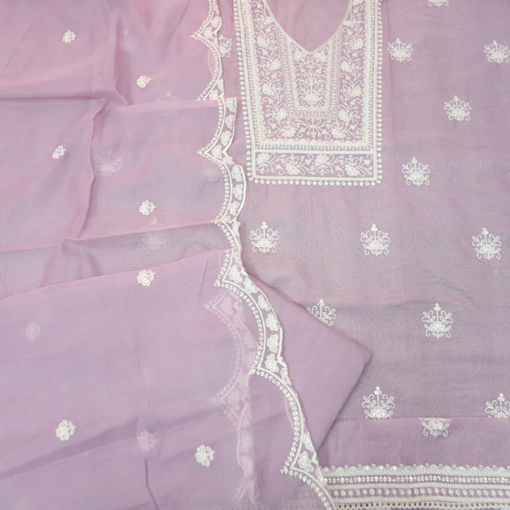 Rushali Pastel Lilac Embroidered Neck and Hem Mul Cotton Set