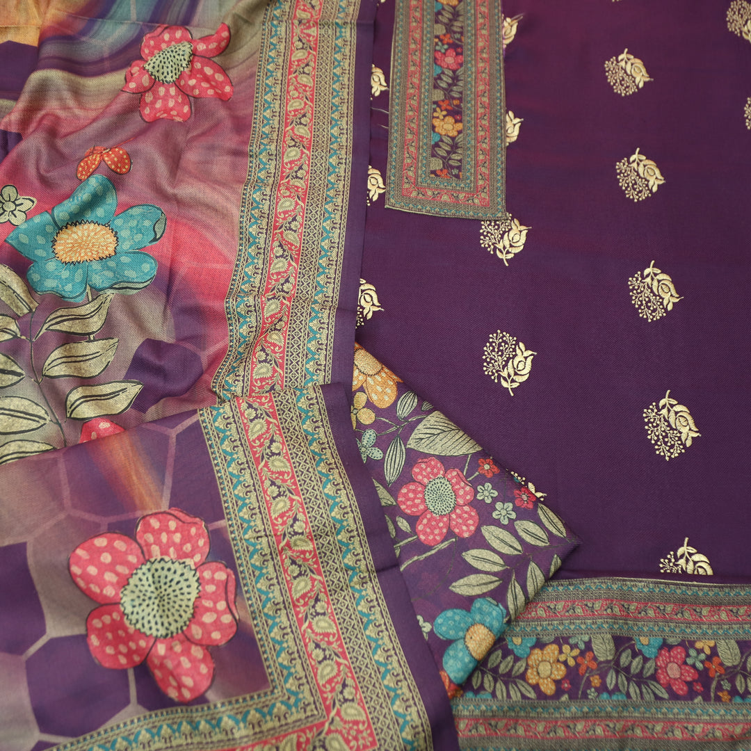 द्रौपदी Vibrant Purple Floral Print in Floral Embroidery Work Semi Pashmina Winter Set