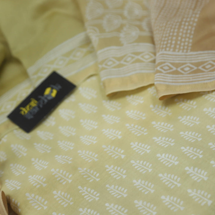 Buttermilk Yellow printed maheshwari top with Light Peach with Yellow  Printed dupatta set