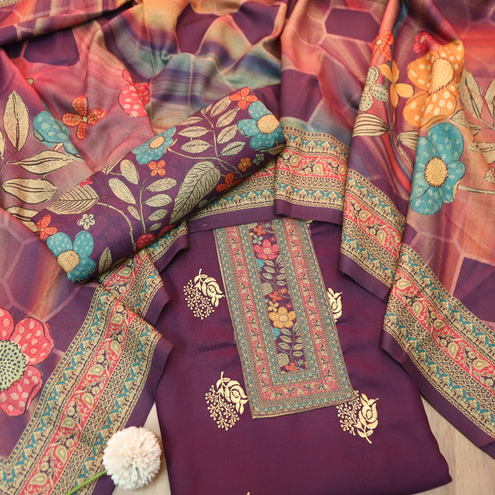 द्रौपदी Vibrant Purple Floral Print in Floral Embroidery Work Semi Pashmina Winter Set
