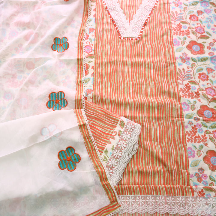 Dulhan Orange Floral and Stripe Panel Print with V Neck Lace Cotton Set