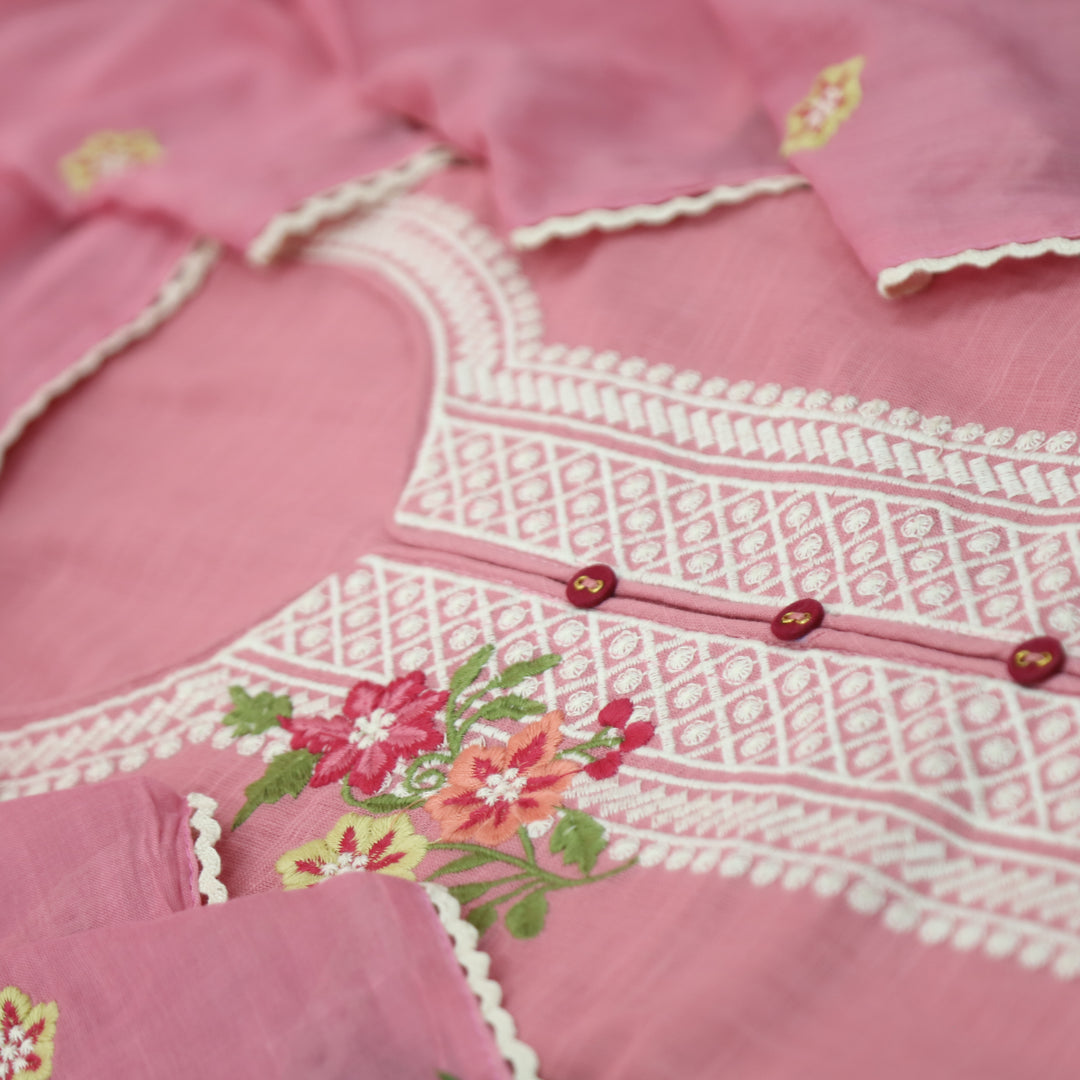 Rangoli Soft Pink Embroidered Neckline with Button Work Cotton Linen Set