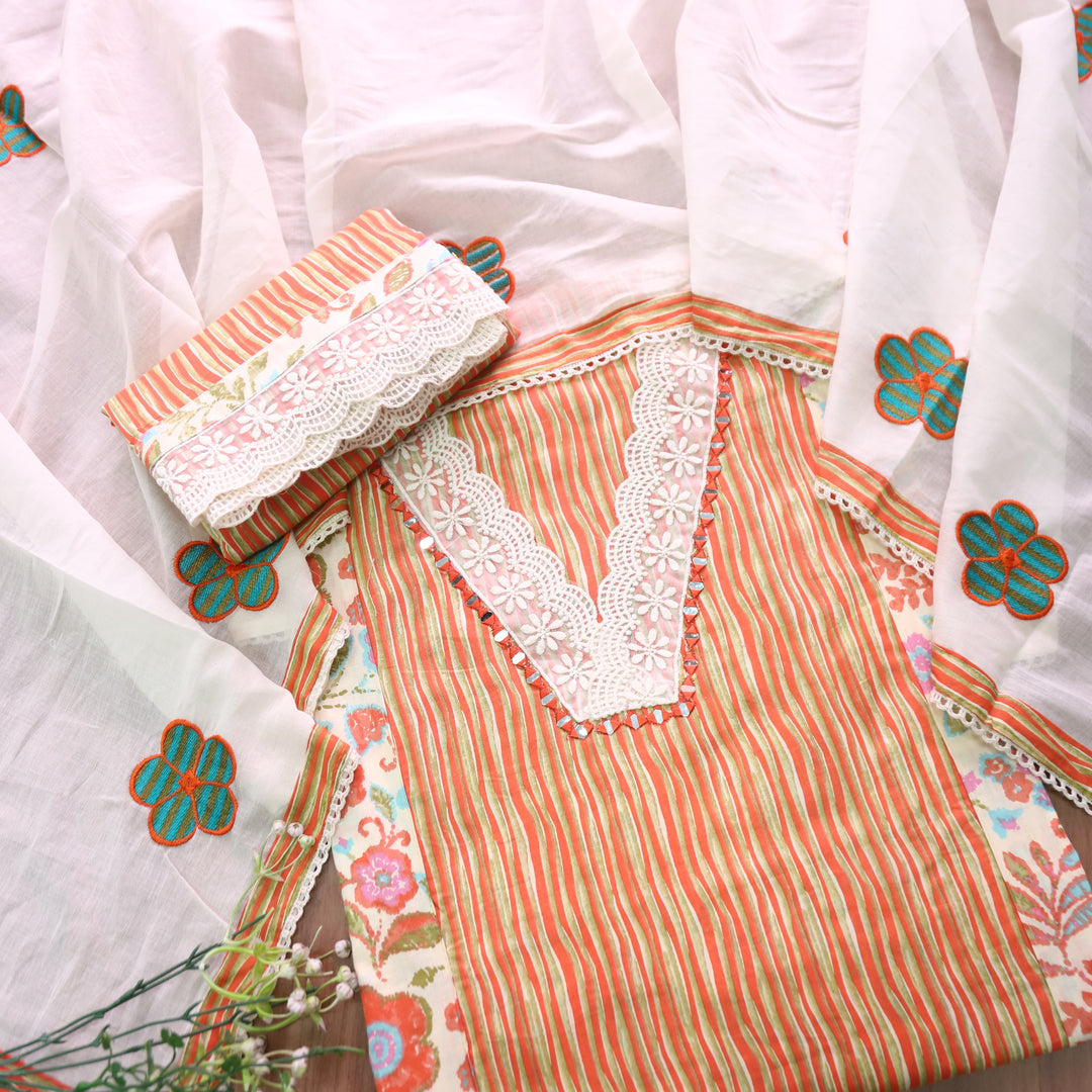 Dulhan Orange Floral and Stripe Panel Print with V Neck Lace Cotton Set