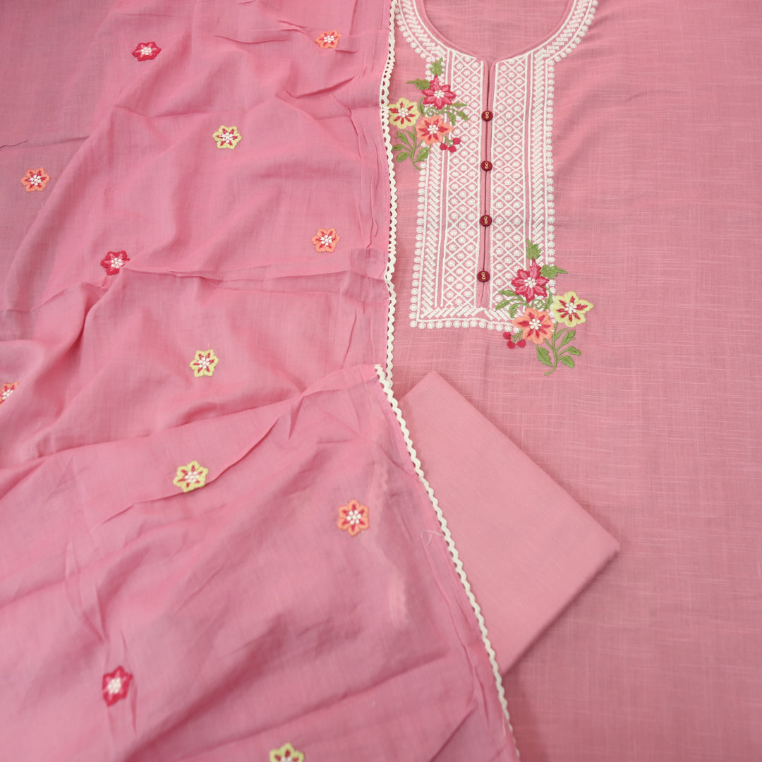 Rangoli Soft Pink Embroidered Neckline with Button Work Cotton Linen Set