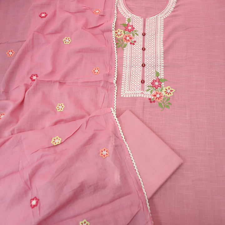 Rangoli Soft Pink Embroidered Neckline with Button Work Cotton Linen Set