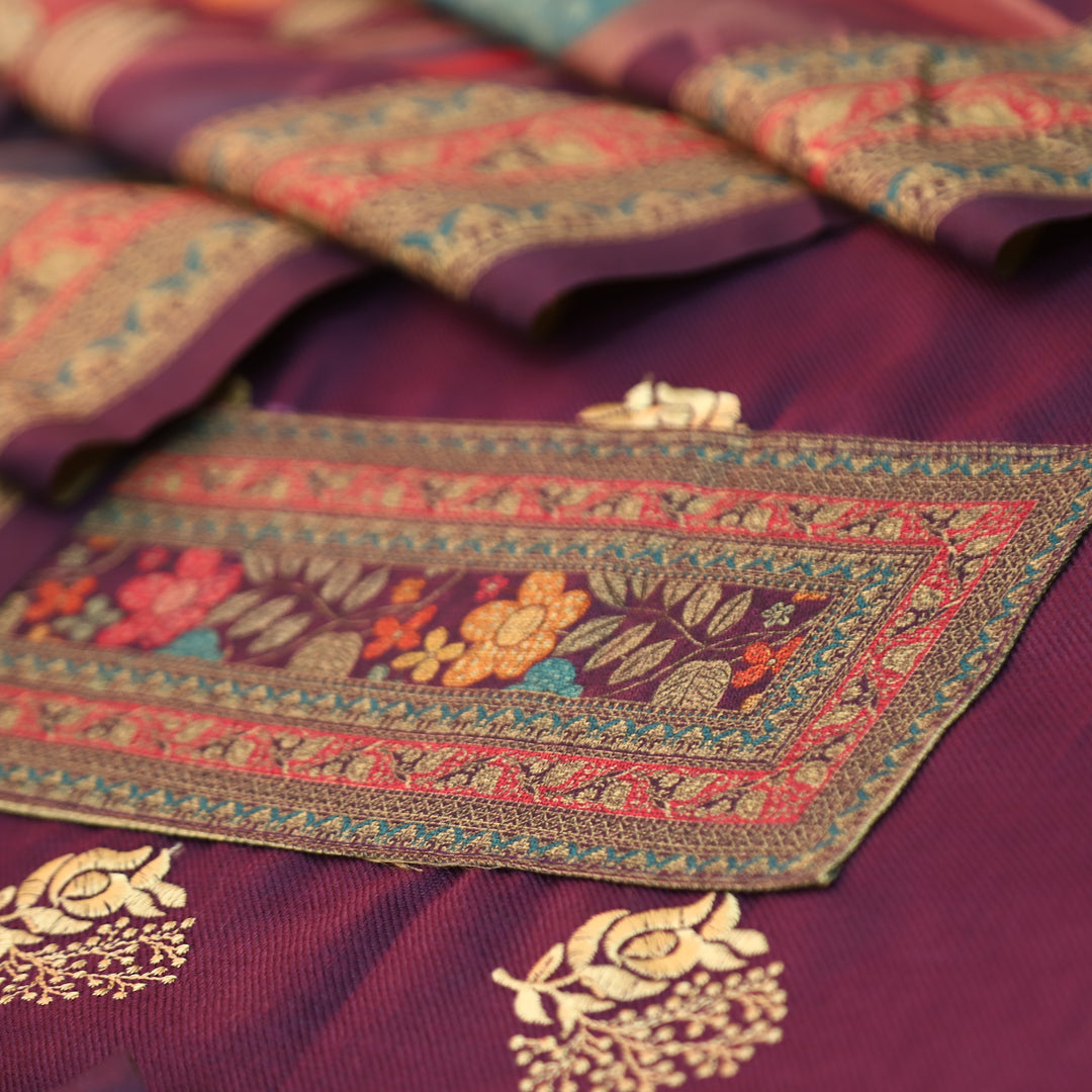 द्रौपदी Vibrant Purple Floral Print in Floral Embroidery Work Semi Pashmina Winter Set