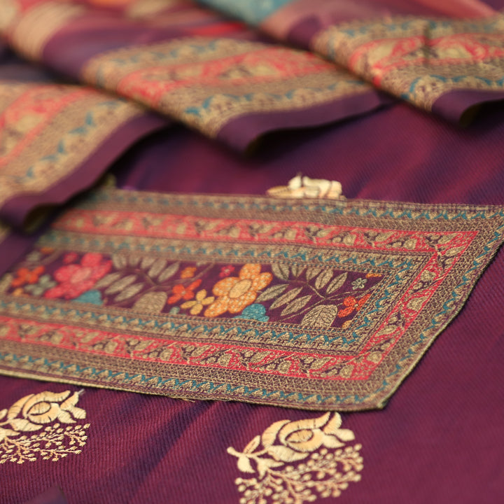 द्रौपदी Vibrant Purple Floral Print in Floral Embroidery Work Semi Pashmina Winter Set