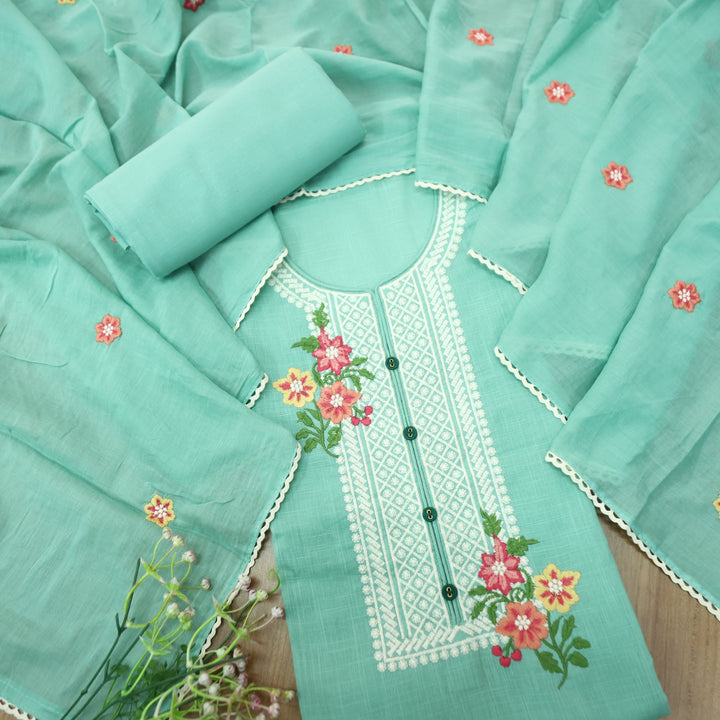 Rangoli  Sea Green Embroidered Neckline with Button Work Cotton Linen Set