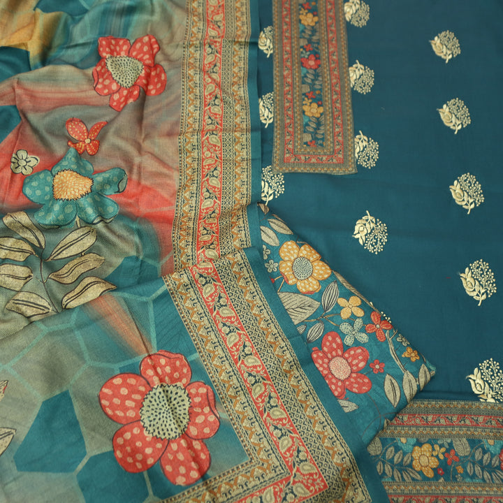 द्रौपदी Prussian Teal Floral Print in Floral Embroidery Work Semi Pashmina Winter Set